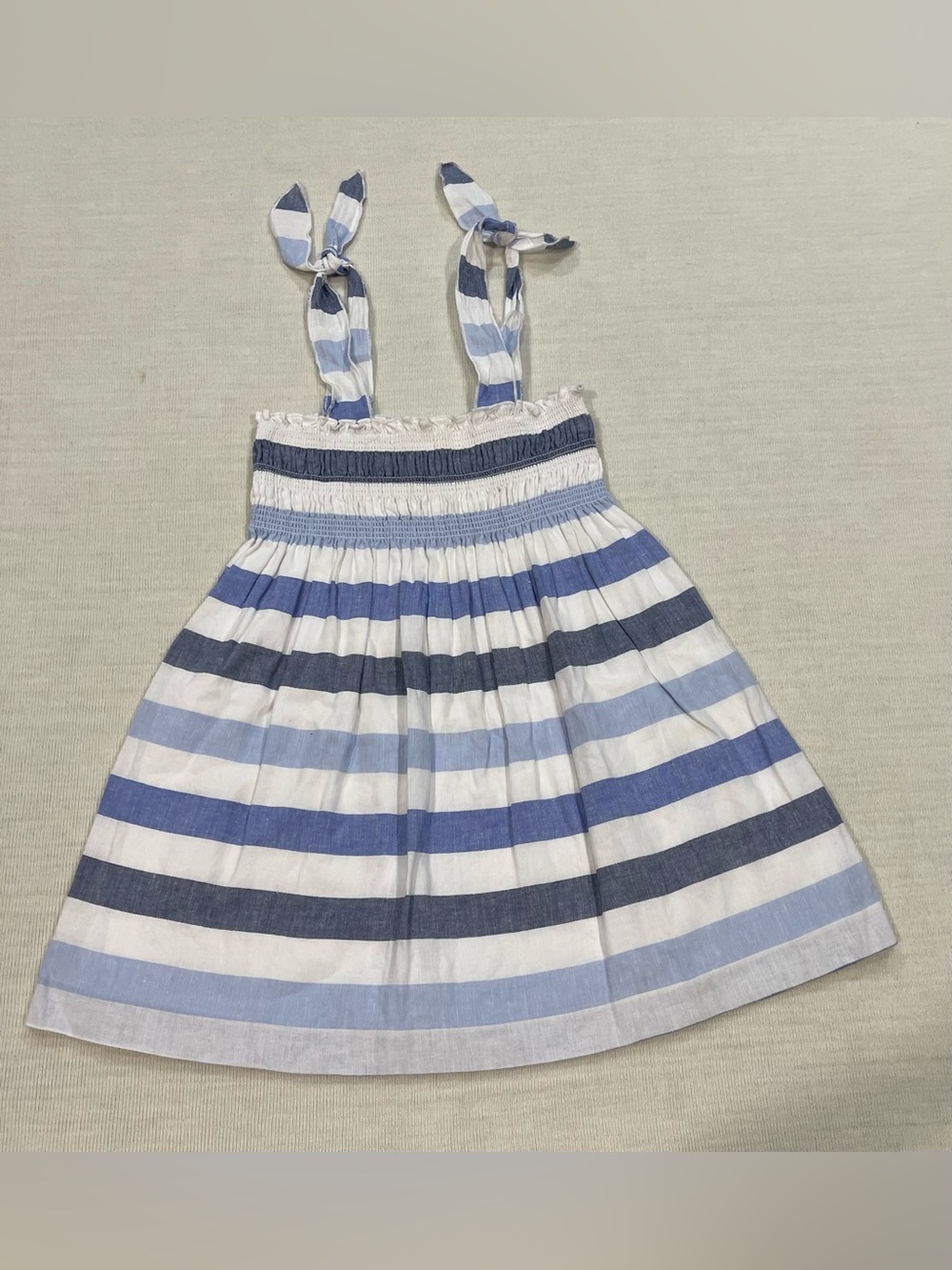 Janie & Jack Blue Striped Smocked Sundress Linen Blend Bow Straps Size 2T